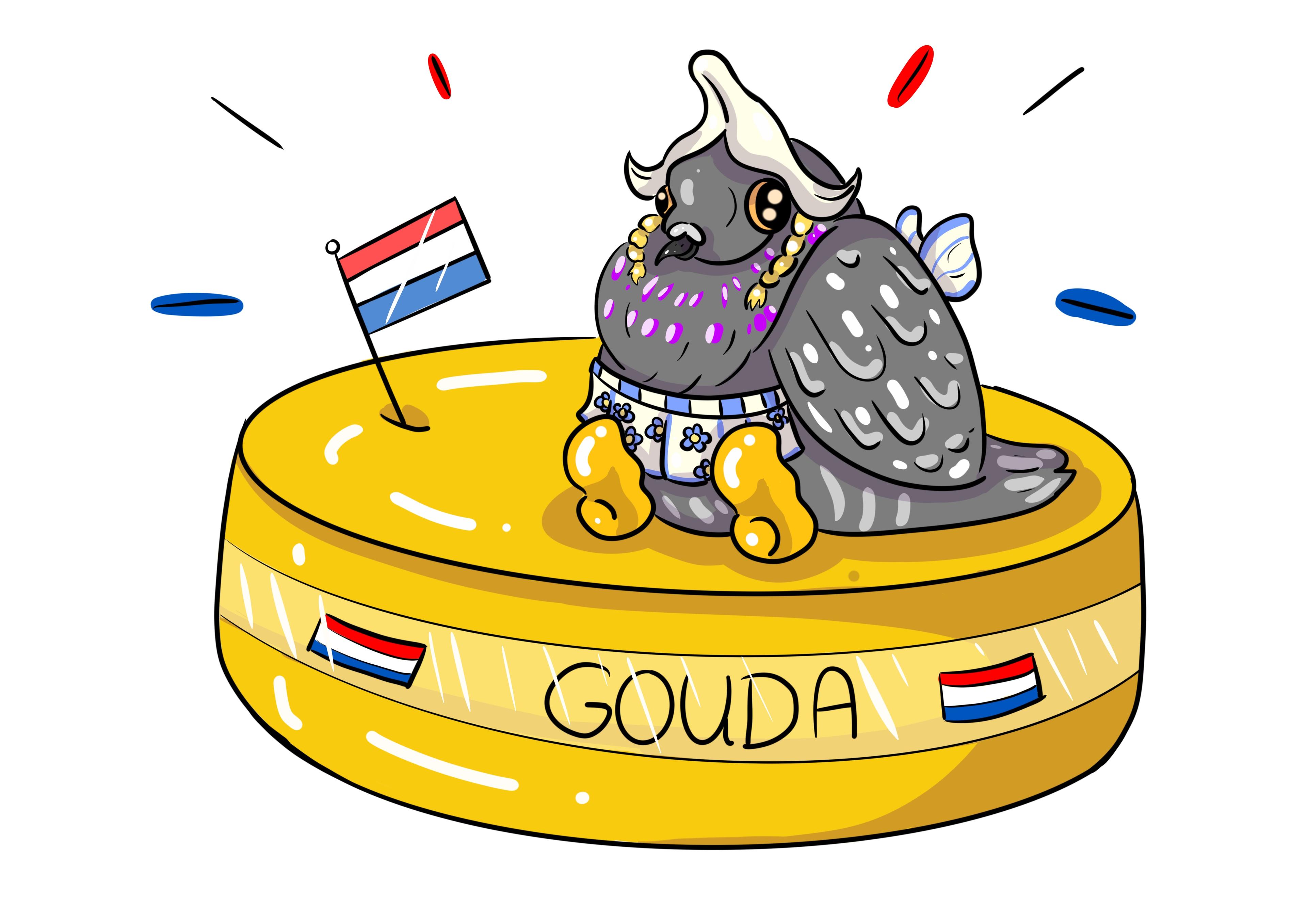Pigeon on a Gouda cheese wheel